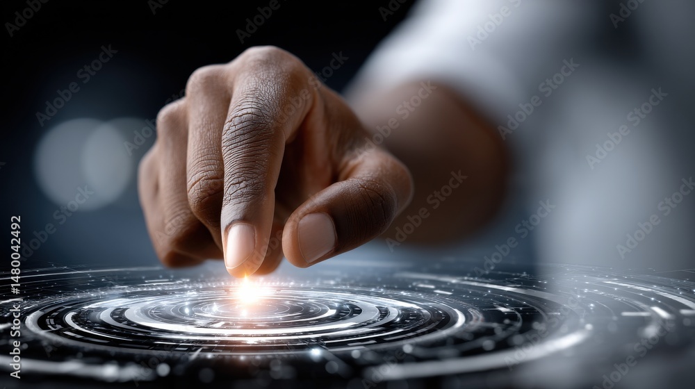 Poster a hand is pointing at a glowing circle on a screen