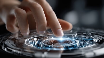 Obraz premium A hand is touching a glowing circle on a screen