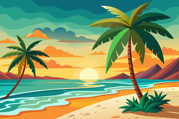 A sunset over a tropical island background