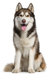 Fototapeta premium A playful husky sits upright, tongue out, showcasing its thick fur and friendly personality indoors