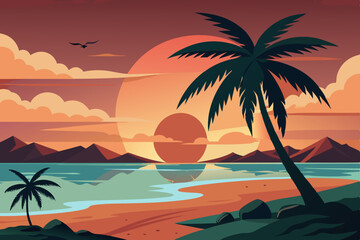 A sunset over a tropical island background