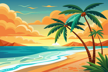 A sunset over a tropical island background