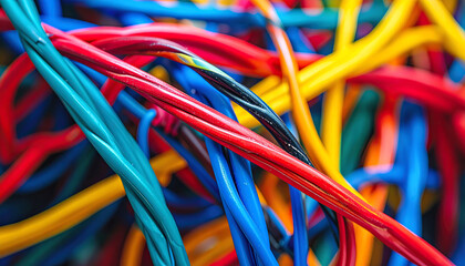 Colorful wires intertwine in a chaotic yet vibrant tangle, showcasing a mix of red, blue, green, yellow, and black, creating an abstract visual of connectivity