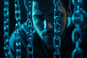 Man trapped behind chains serious intense gaze dark blue light