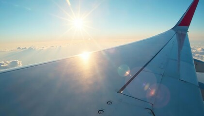 Close-up of airplane wing, rivets visible, sunlight reflecting on metal surface , blue, sky