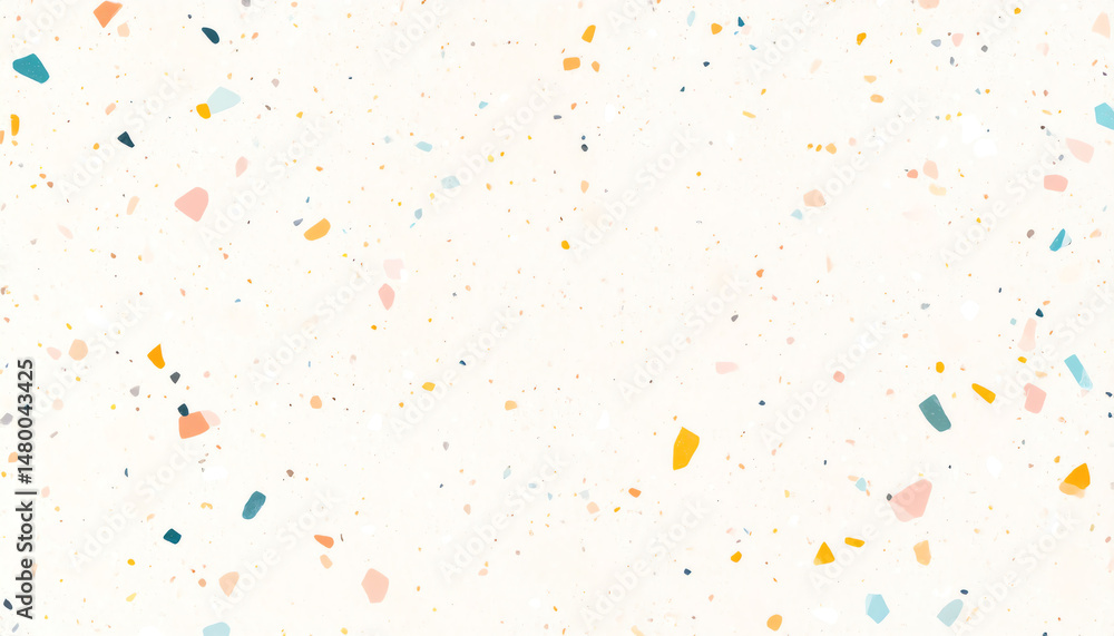 Poster a colorful terrazzo pattern featuring various shapes and sizes on a light background, creating a pla