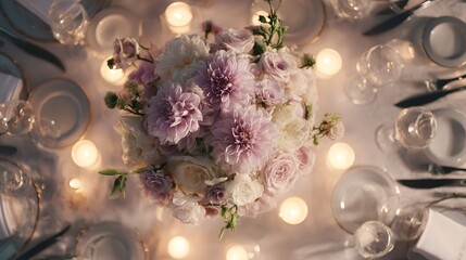 Elegant wedding table with floral centerpiece and fine china, radiating timeless romance and sophistication