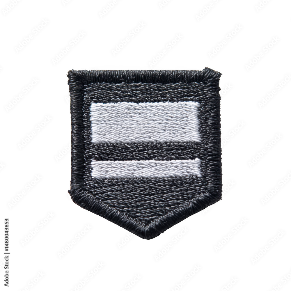 Poster this shows black and white embroidered patch with shield shape and two horizontal white bars in cent
