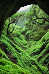 Lush Green Mossy Valley View from Cave Entrance Dramatic Landscape Photography Nature Scene