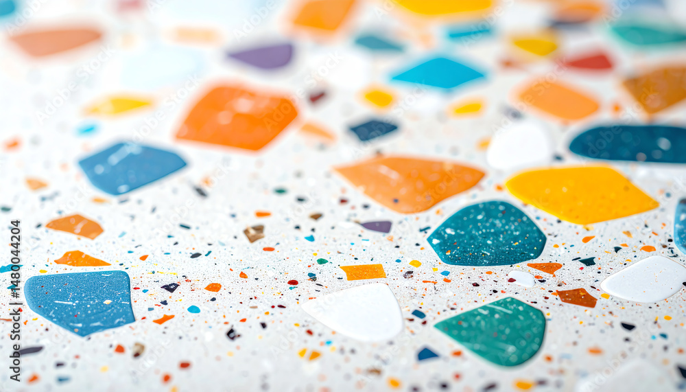 Poster colorful fragments scattered across a white surface create a visually appealing terrazzo pattern, sh
