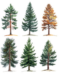 Fototapeta premium Highly detailed illustrations of various trees, leaves, grasses, and botanical elements, featuring realistic, minimalist, and abstract compositions on a white background.