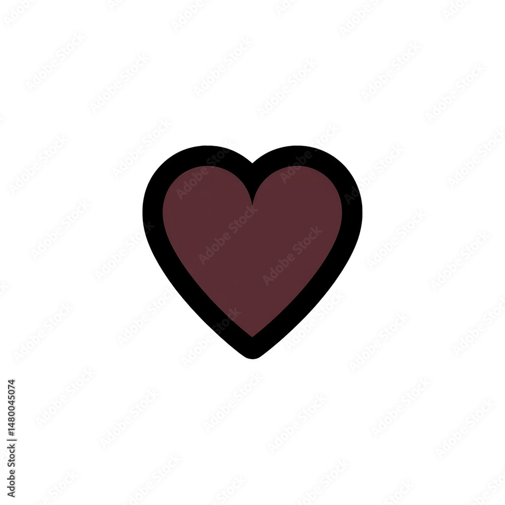 Poster dark maroon heart with black outline is centered on transparent background, symbolizing love and aff