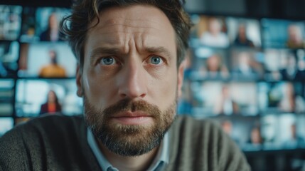 Fototapeta premium Man in video conference concerned expression