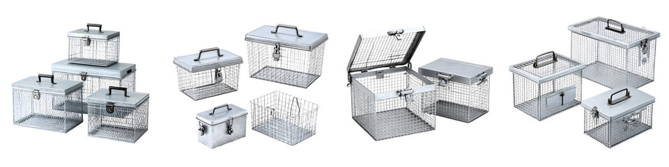 Stylish metal storage baskets set in varying sizes and shapes, featuring sturdy handles and elegant design, perfect for organization and home decor