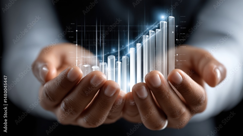 Aufkleber a person is holding a hand up to show a graph with a line going up