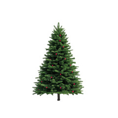 Beautifully decorated Christmas tree with red ornaments stands tall, evoking festive and joyful atmosphere. lush green branches are full and vibrant, perfect for holiday celebrations