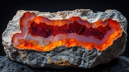 Fiery agate geode, backlit, dark studio, geology sample