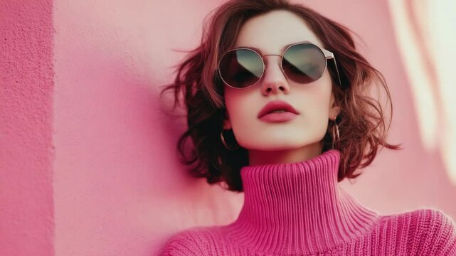 A woman in a pink turtle neck sweater leaning against a pink wall