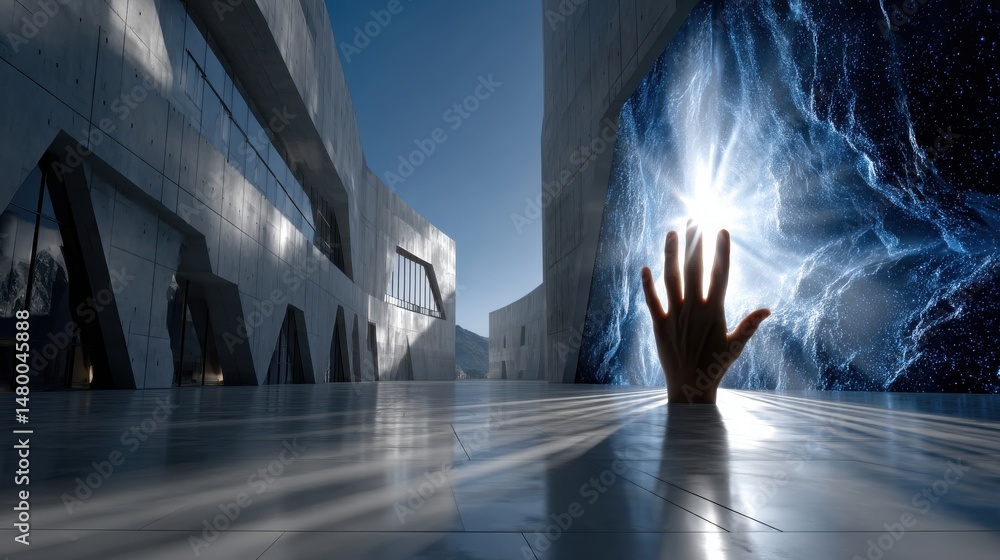 Poster a hand is shown in a large, empty room with a bright light shining on it