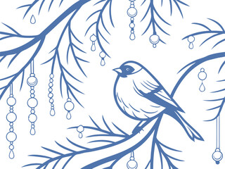 Elegant hand-drawn bird perched on pine tree branch with hanging ornaments, featuring a nature-inspired design perfect for holiday cards, seasonal prints, and decorative illustrations.
