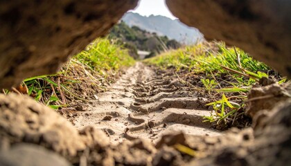 Fototapeta premium Nature Trail Through Rocky Terrain With Grassy Viewpoint