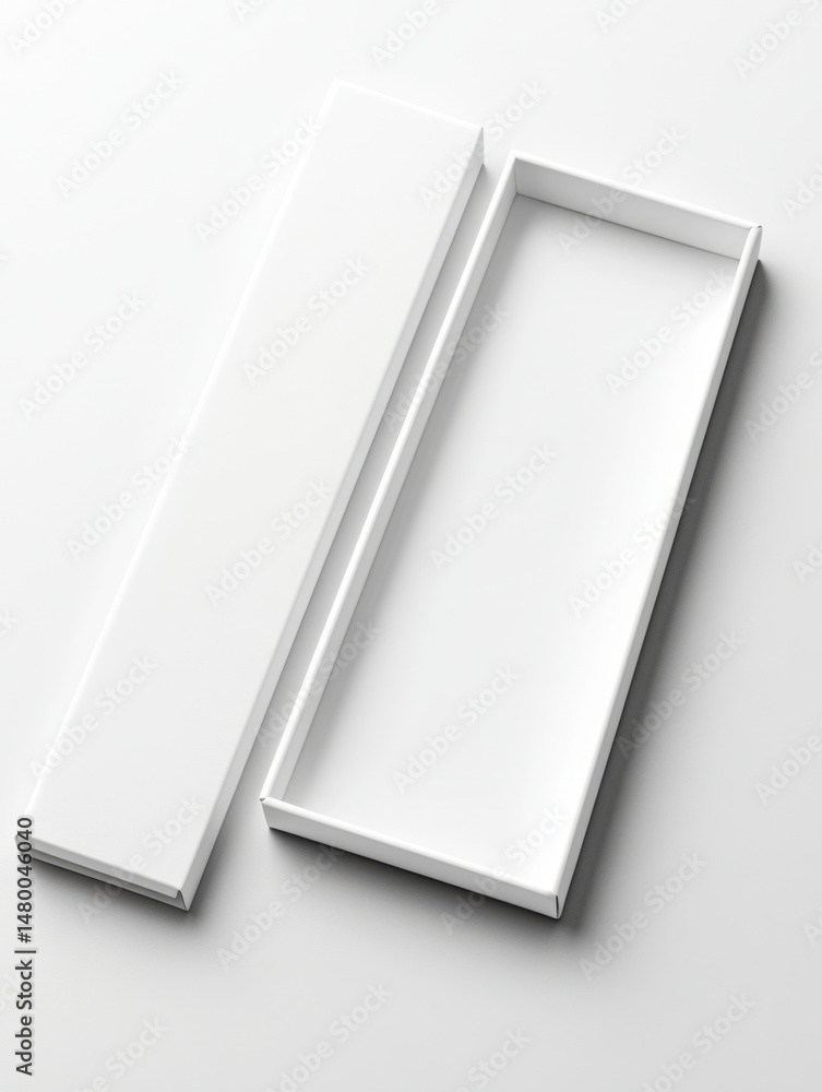 Poster minimalist studio shot of a long rectangular white box with lid open on a white background for produ