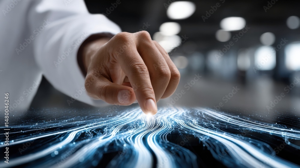 Poster a hand pointing at a screen with a blue line