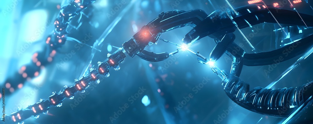Poster futuristic robotic appendages interacting within a network.