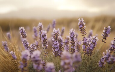 Sunlit lavender flowers stand in a field during the warm golden hour on a summer afternoon