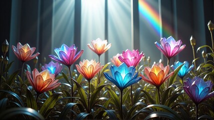 A field of colorful flowers with a rainbow in the background