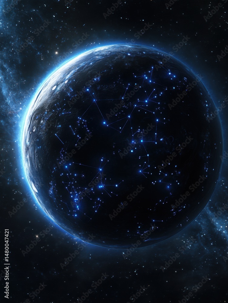 Poster glowing planet with constellations in deep space digital art vertical close up space exploration con