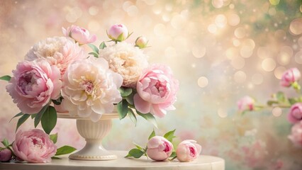 Obraz premium Delicate spring peonies in soft pink hues atop a pedestal, set against a serene pastel-hued backdrop with subtle floral patterns and gentle lighting effects , decorative props, floral arrangement
