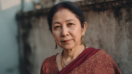 Fototapeta premium Calm and Pensive Portrait of a Mature Woman in Traditional Clothing