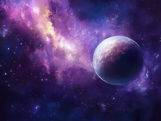 Distant planet in purple nebula landscape, cosmic space background, digital artwork, outer space exploration, fantasy world, celestial body, galaxy
