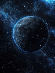 Obraz premium Digital planet network in space, futuristic connection concept, global technology, cosmic backdrop, dark blue