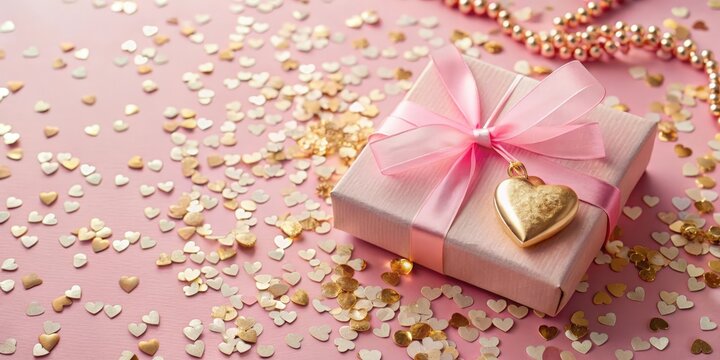 A delicate pink gift box adorned with a golden heart charm and a soft pink satin ribbon, surrounded by a scattering of golden and white heart-shaped confetti on a blush pink background.