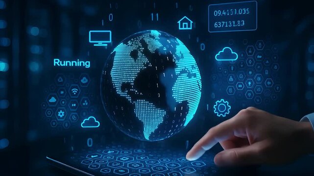 Glowing Digital Earth with Holographic Cloud and Interface Icons Representing Global Connectivity and Smart System Control

