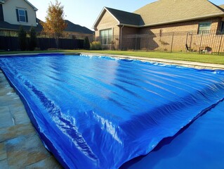 Covered swimming pool in backyard of suburban home during autumn season in sunny day aerial view