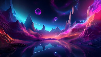 Fototapeta premium Abstract neon landscape with mountains and water reflecting the vibrant colors of the cosmic sky, creating a surreal and dreamlike atmosphere.