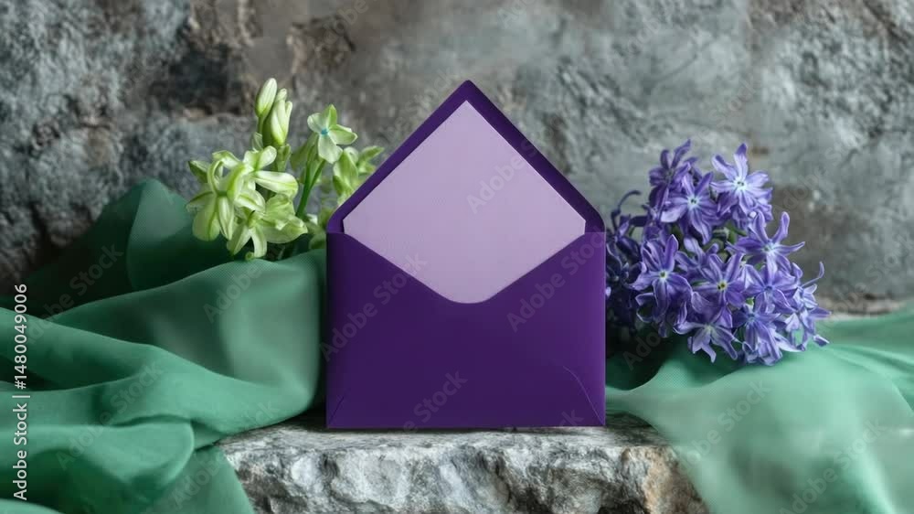 Poster a purple envelope sits atop a green cloth, perfect for use in editorial or commercial contexts where