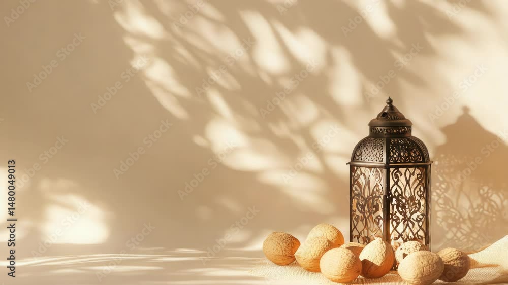 Poster a still life composition of fruit and a lantern on a table, suitable for use in advertising or edito