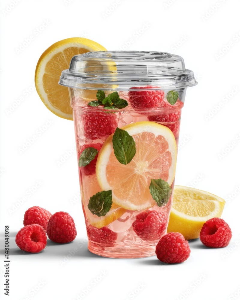 Poster refreshing raspberry lemonade in plastic cup studio shot on white background summer drink with lemon