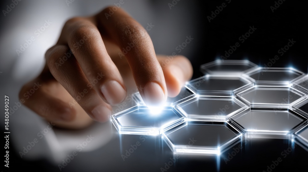 Poster A hand is pointing at a hexagonal grid of squares