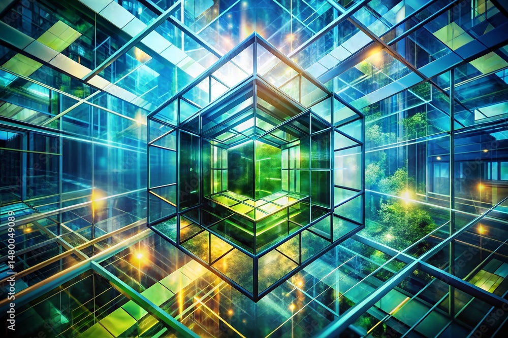 Poster abstract tech background: 3d rendered squares & lines double exposure