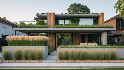 Fototapeta premium Modern ecofriendly house featuring sustainable design elements and contemporary architecture, nestled in a suburban neighborhood with inviting landscaping for a harmonious living environment