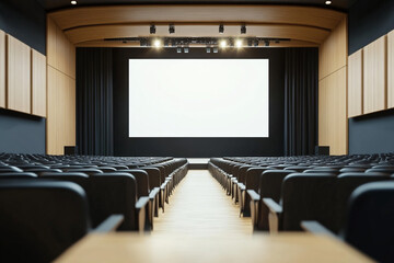 Empty auditorium with large screen and wooden walls ready for presentation or movie