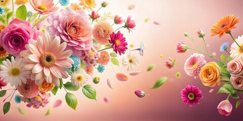 Vibrant colorful flowers flying in mid-air against a soft pink gradient background with lush greenery and delicate petals , summer