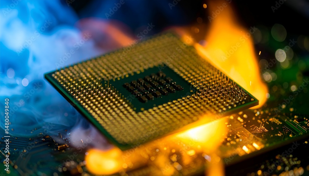 Poster close-up of a cpu processor on fire, surrounded by blue and orange smoke, symbolizing overheating an