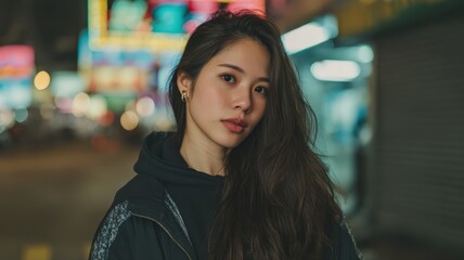 Obraz premium Confident Young Woman in Vibrant Urban Nightscape Portrait