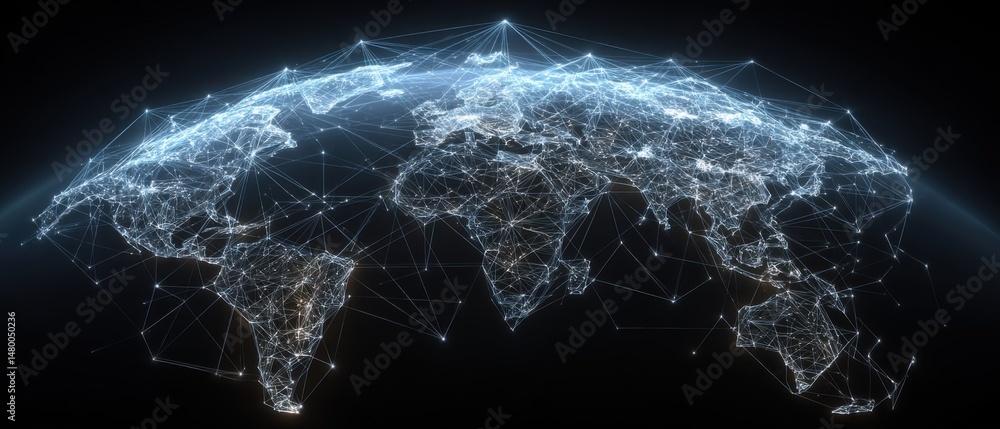 Poster global network visualization of world map with connected dots and lines on black background for tech